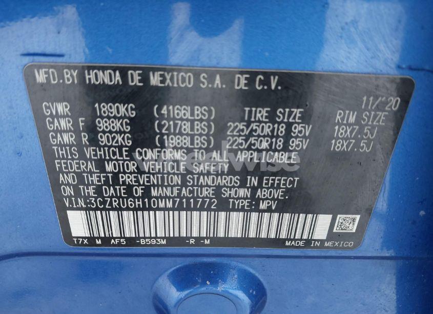 Photo 9 of 2021 Honda Hr-v AWD SPORT (VIN 3CZRU6H10MM711772)