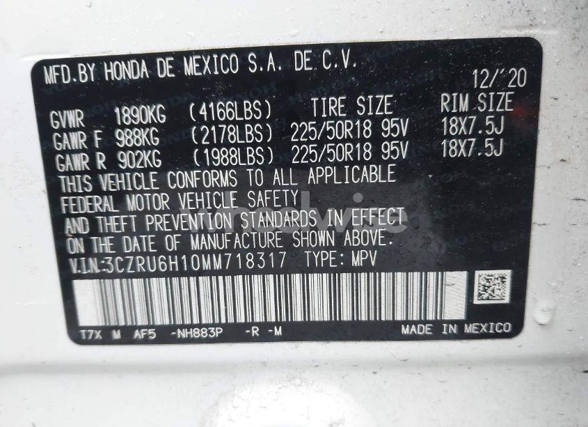 Photo 9 of 2021 Honda Hr-v AWD SPORT (VIN 3CZRU6H10MM718317)