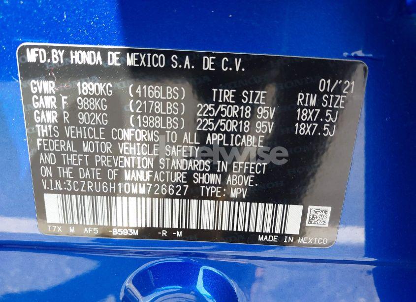 Photo 9 of 2021 Honda Hr-v AWD SPORT (VIN 3CZRU6H10MM726627)