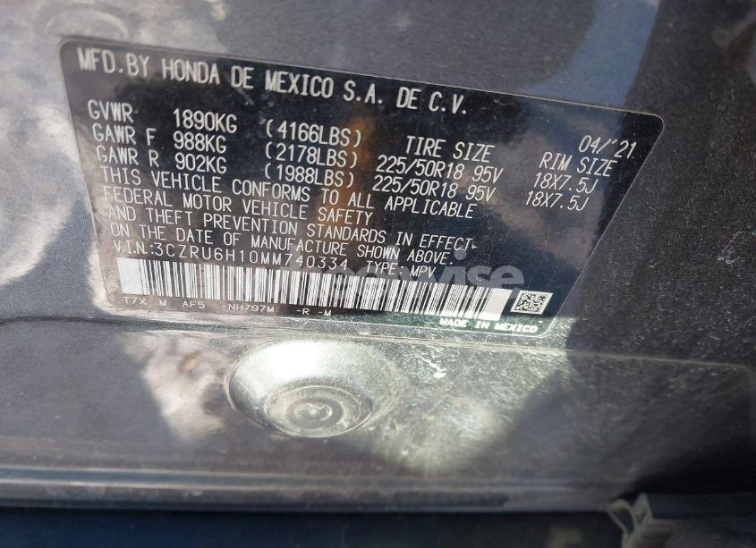 Photo 9 of 2021 Honda Hr-v AWD SPORT (VIN 3CZRU6H10MM740334)