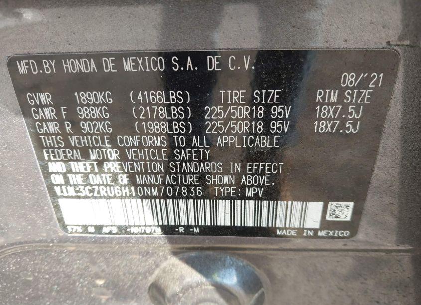 Photo 9 of 2022 Honda Hr-v AWD SPORT (VIN 3CZRU6H10NM707836)