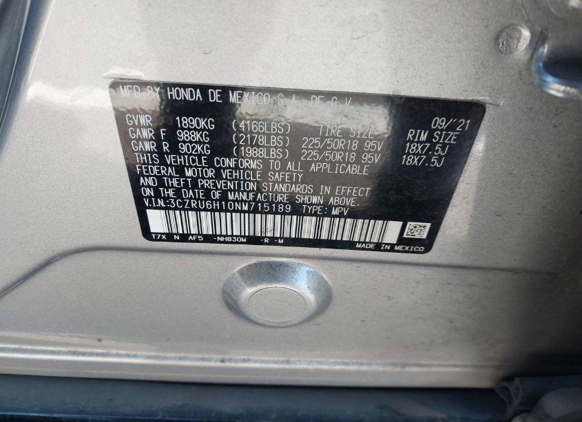 Photo 9 of 2022 Honda Hr-v AWD SPORT (VIN 3CZRU6H10NM715189)