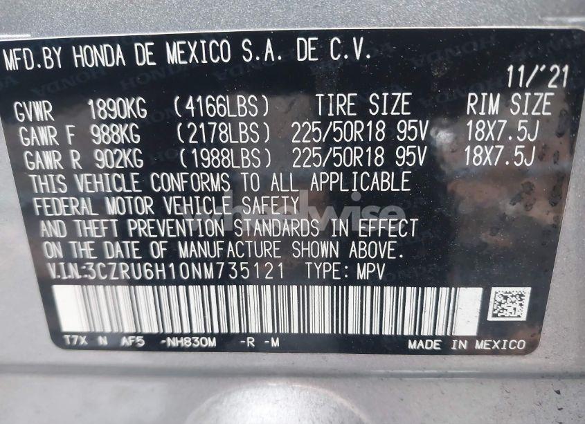 Photo 9 of 2022 Honda Hr-v AWD SPORT (VIN 3CZRU6H10NM735121)