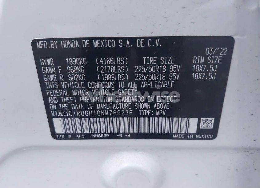 Photo 9 of 2022 Honda Hr-v AWD SPORT (VIN 3CZRU6H10NM769236)
