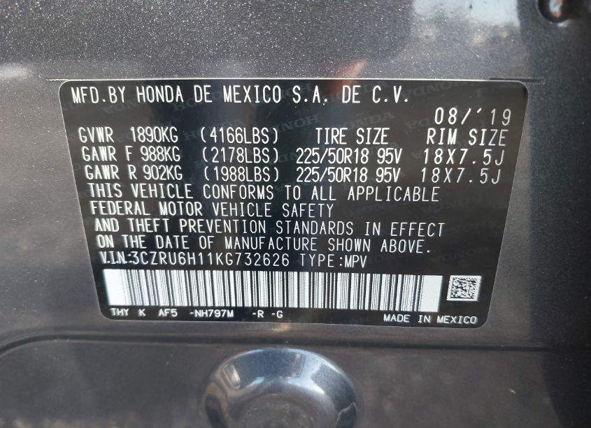 Photo 9 of 2019 Honda Hr-v SPORT (VIN 3CZRU6H11KG732626)