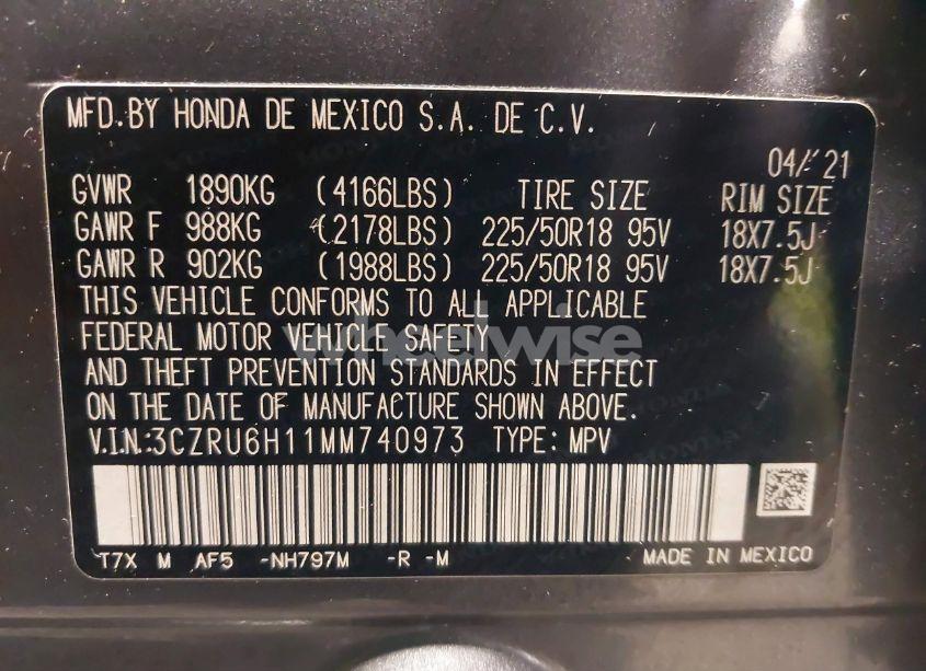 Photo 9 of 2021 Honda Hr-v AWD SPORT (VIN 3CZRU6H11MM740973)