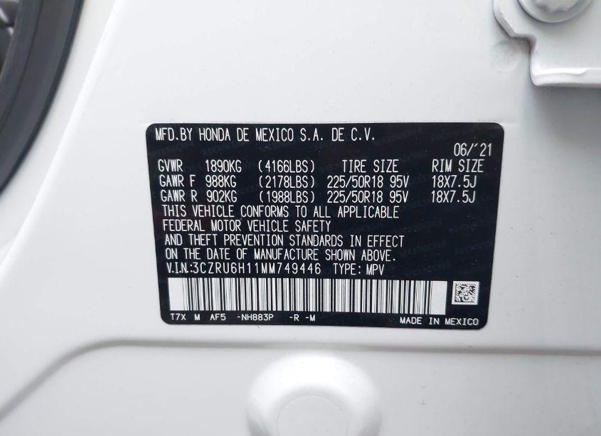 Photo 9 of 2021 Honda Hr-v AWD SPORT (VIN 3CZRU6H11MM749446)