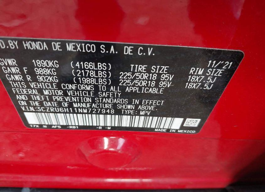 Photo 9 of 2022 Honda Hr-v AWD SPORT (VIN 3CZRU6H11NM727948)