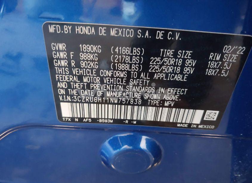 Photo 9 of 2022 Honda Hr-v AWD SPORT (VIN 3CZRU6H11NM757838)