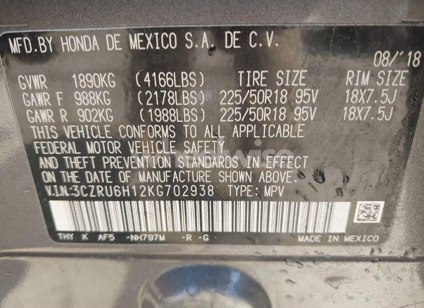 Photo 9 of 2019 Honda Hr-v SPORT (VIN 3CZRU6H12KG702938)