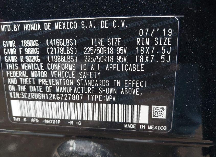 Photo 9 of 2019 Honda Hr-v SPORT (VIN 3CZRU6H12KG727807)