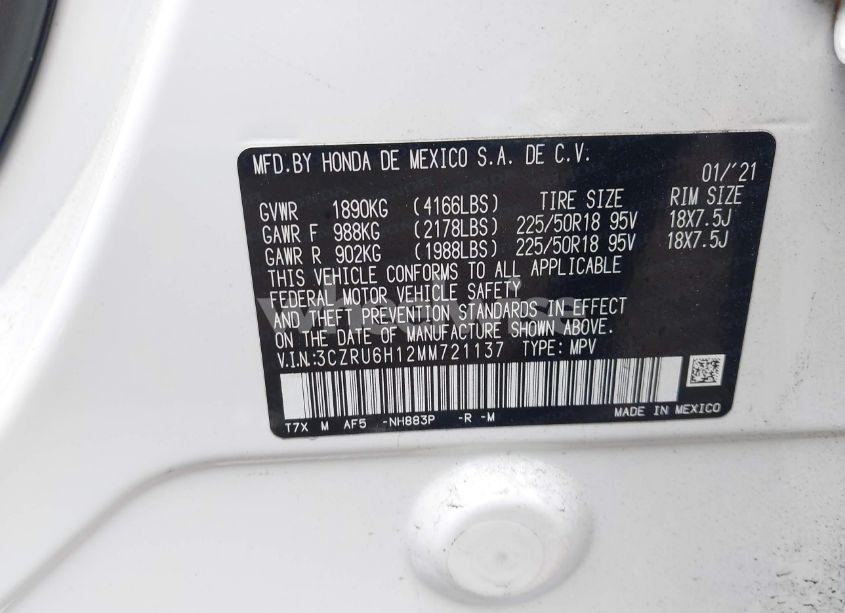 Photo 9 of 2021 Honda Hr-v AWD SPORT (VIN 3CZRU6H12MM721137)