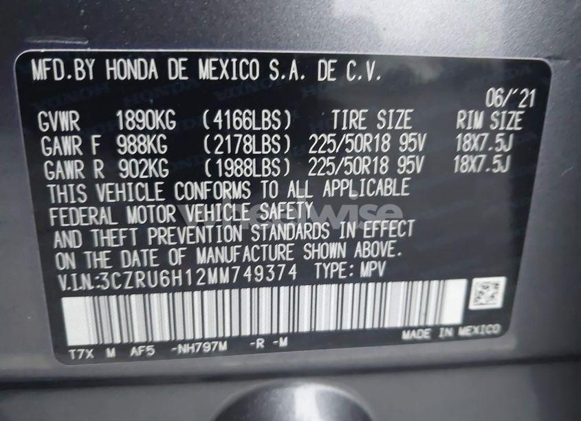 Photo 9 of 2021 Honda Hr-v AWD SPORT (VIN 3CZRU6H12MM749374)