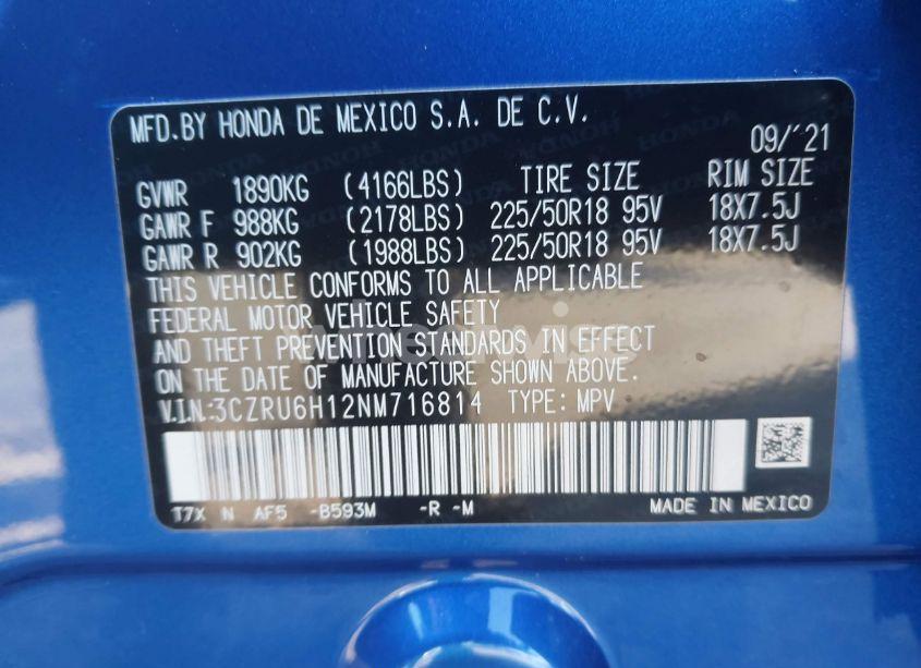 Photo 9 of 2022 Honda Hr-v AWD SPORT (VIN 3CZRU6H12NM716814)