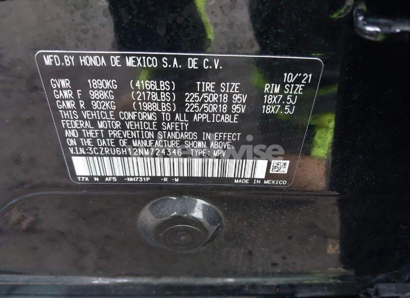 Photo 9 of 2022 Honda Hr-v AWD SPORT (VIN 3CZRU6H12NM724346)