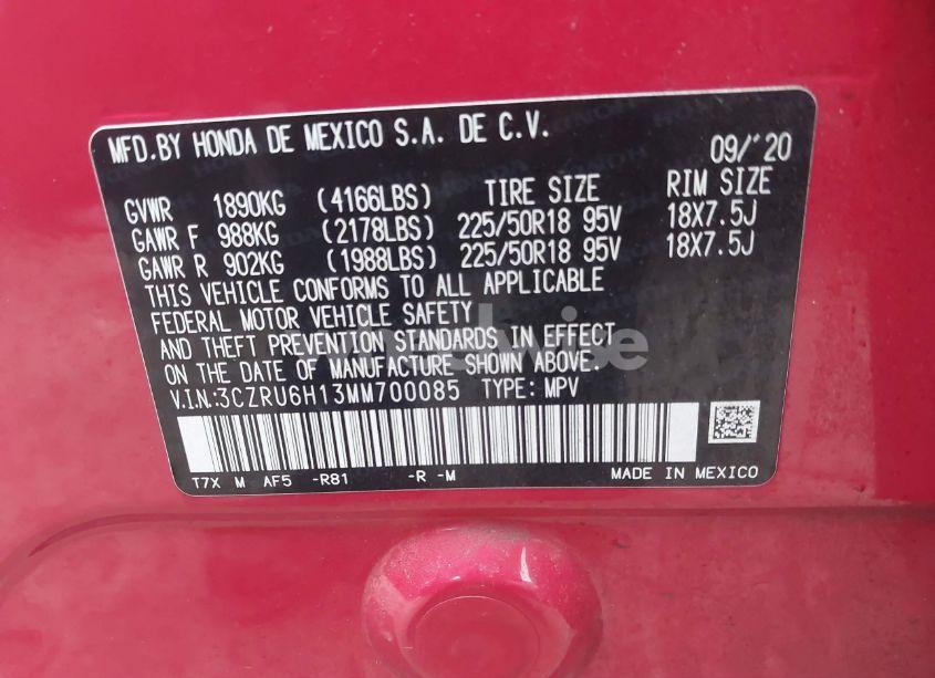 Photo 9 of 2021 Honda Hr-v AWD SPORT (VIN 3CZRU6H13MM700085)