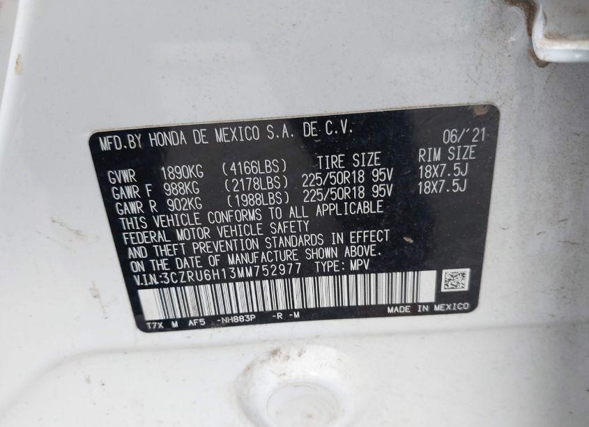 Photo 9 of 2021 Honda Hr-v AWD SPORT (VIN 3CZRU6H13MM752977)