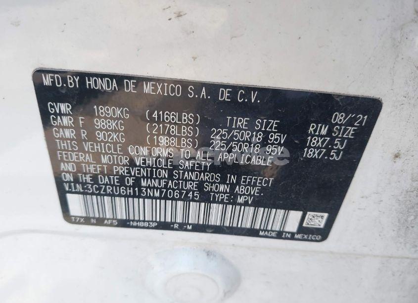 Photo 9 of 2022 Honda Hr-v AWD SPORT (VIN 3CZRU6H13NM706745)