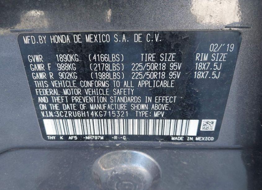 Photo 9 of 2019 Honda Hr-v SPORT (VIN 3CZRU6H14KG715321)