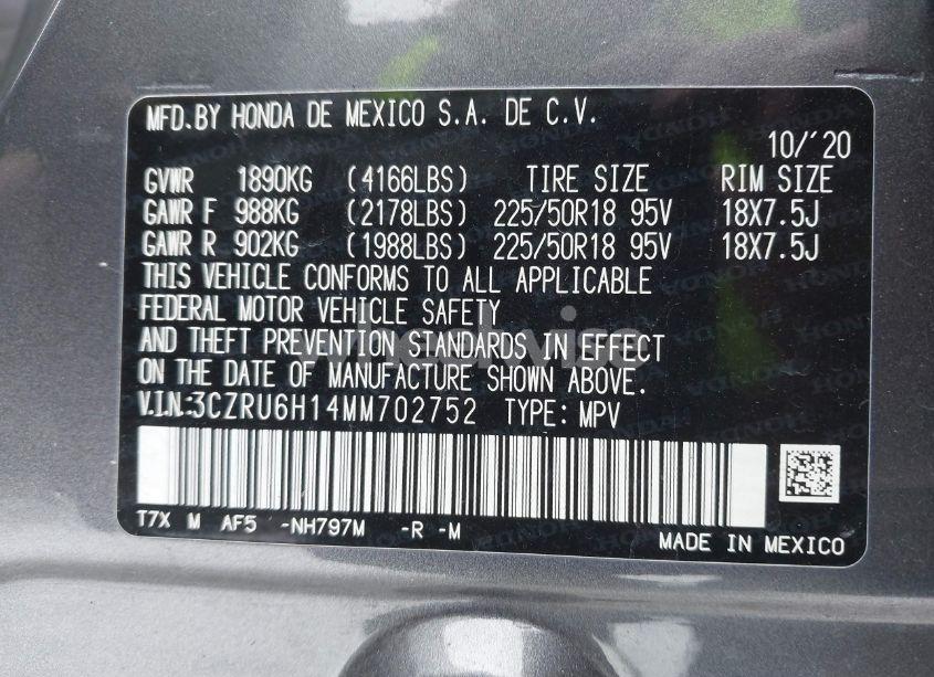 Photo 9 of 2021 Honda Hr-v AWD SPORT (VIN 3CZRU6H14MM702752)