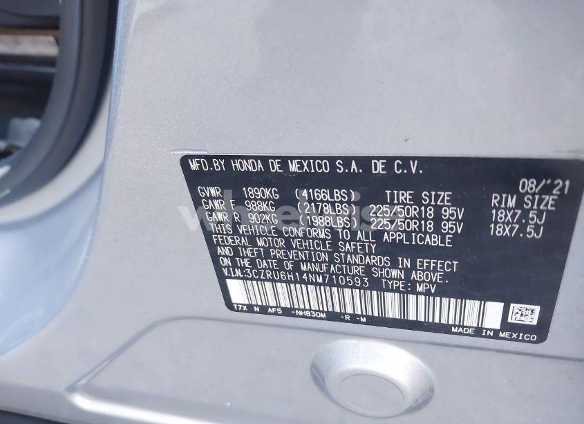 Photo 9 of 2022 Honda Hr-v AWD SPORT (VIN 3CZRU6H14NM710593)