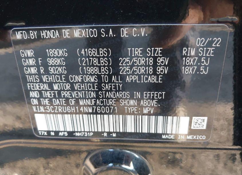 Photo 9 of 2022 Honda Hr-v AWD SPORT (VIN 3CZRU6H14NM760071)