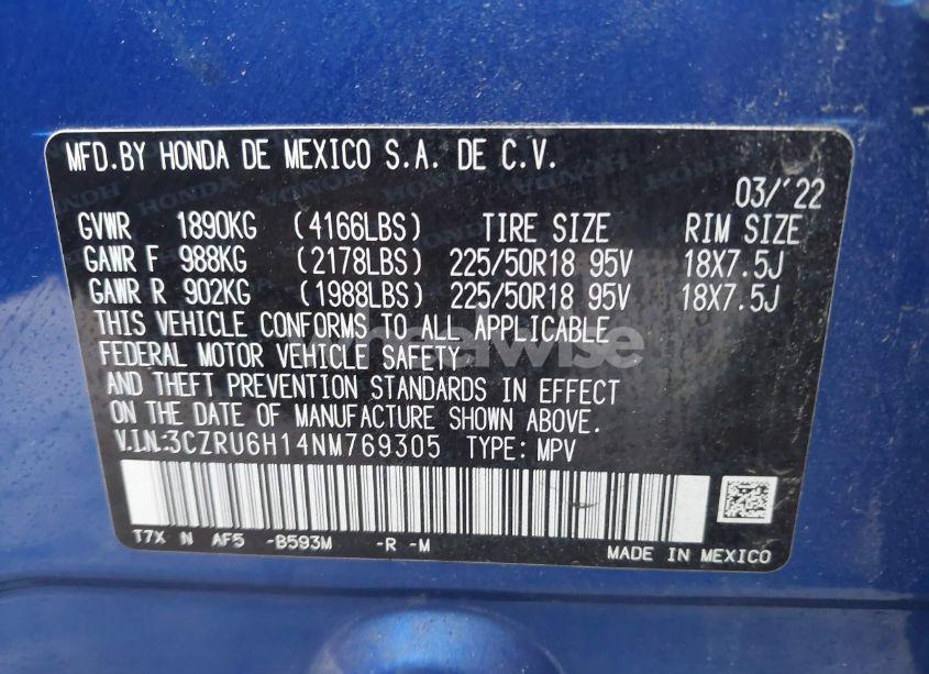 Photo 9 of 2022 Honda Hr-v AWD SPORT (VIN 3CZRU6H14NM769305)