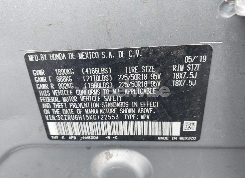 Photo 9 of 2019 Honda Hr-v SPORT (VIN 3CZRU6H15KG722553)