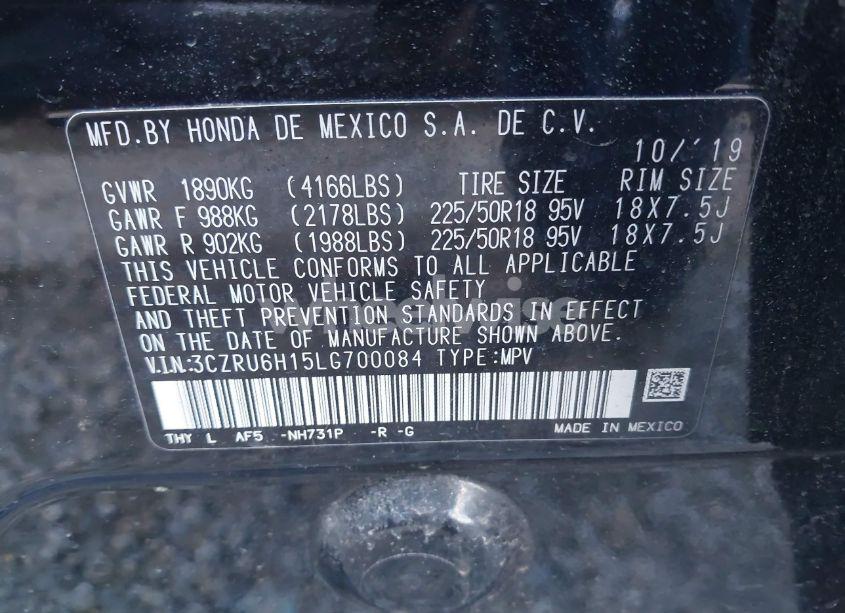 Photo 9 of 2020 Honda Hr-v AWD SPORT (VIN 3CZRU6H15LG700084)