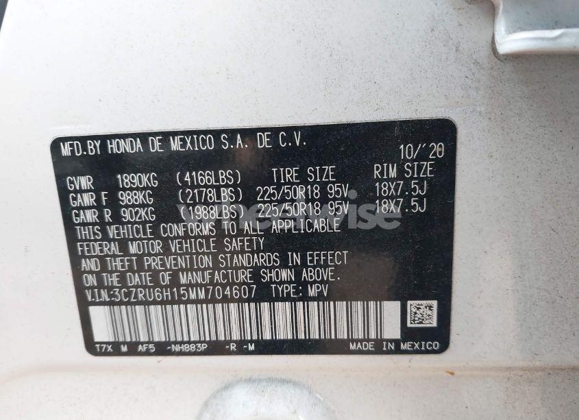 Photo 9 of 2021 Honda Hr-v AWD SPORT (VIN 3CZRU6H15MM704607)