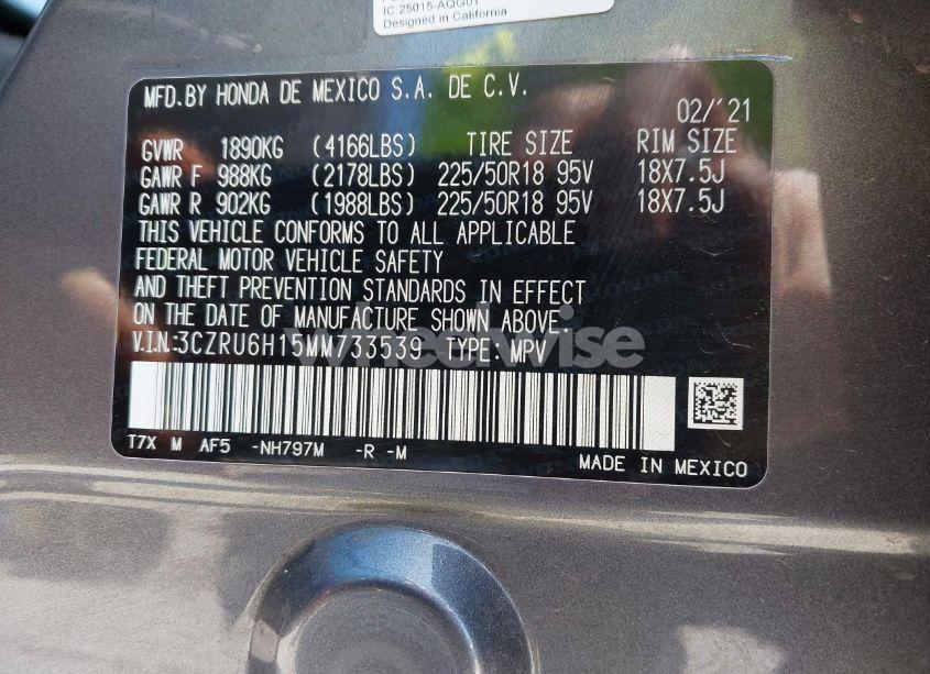 Photo 9 of 2021 Honda Hr-v AWD SPORT (VIN 3CZRU6H15MM733539)