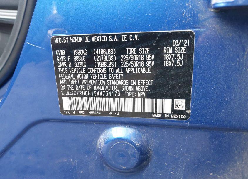 Photo 9 of 2021 Honda Hr-v AWD SPORT (VIN 3CZRU6H15MM734173)