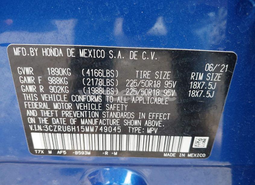 Photo 9 of 2021 Honda Hr-v AWD SPORT (VIN 3CZRU6H15MM749045)