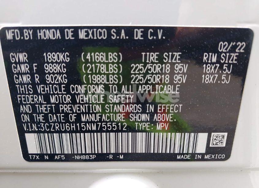 Photo 9 of 2022 Honda Hr-v AWD SPORT (VIN 3CZRU6H15NM755512)