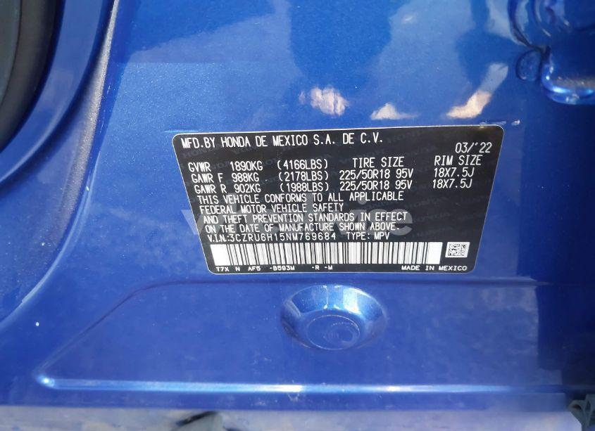 Photo 9 of 2022 Honda Hr-v AWD SPORT (VIN 3CZRU6H15NM769684)