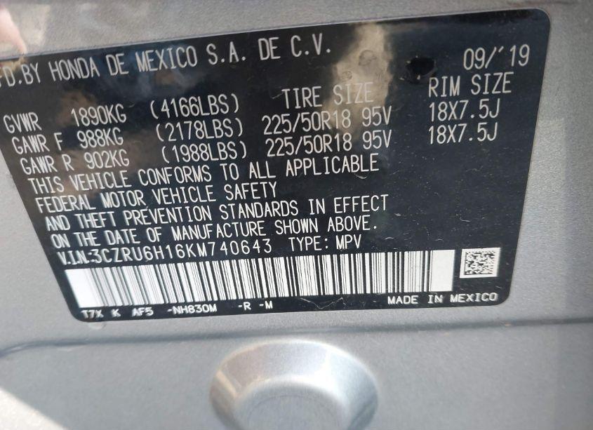 Photo 9 of 2019 Honda Hr-v SPORT (VIN 3CZRU6H16KM740643)