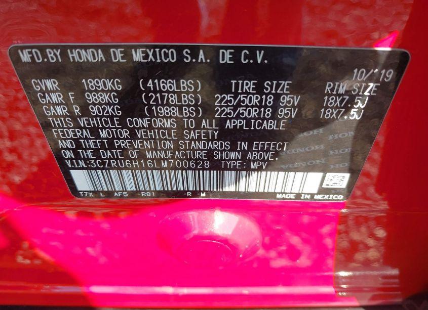 Photo 9 of 2020 Honda Hr-v AWD SPORT (VIN 3CZRU6H16LM700628)