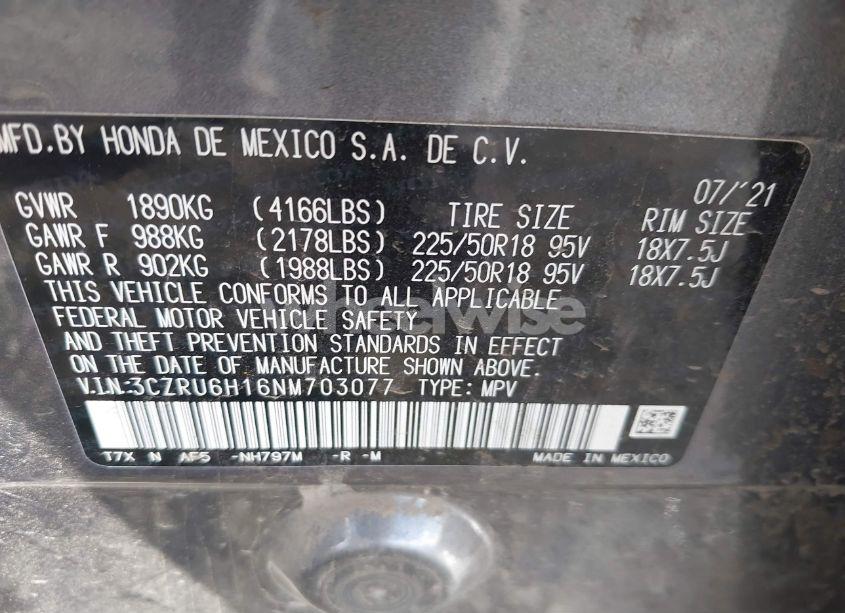 Photo 9 of 2022 Honda Hr-v AWD SPORT (VIN 3CZRU6H16NM703077)