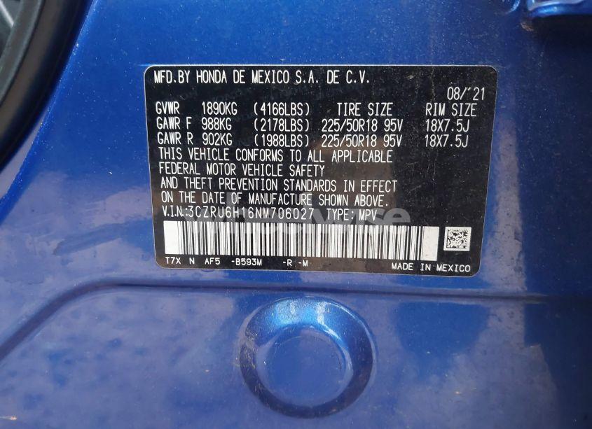 Photo 9 of 2022 Honda Hr-v AWD SPORT (VIN 3CZRU6H16NM706027)