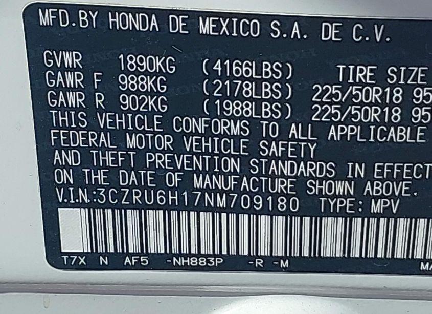 Photo 9 of 2022 Honda Hr-v AWD SPORT (VIN 3CZRU6H17NM709180)