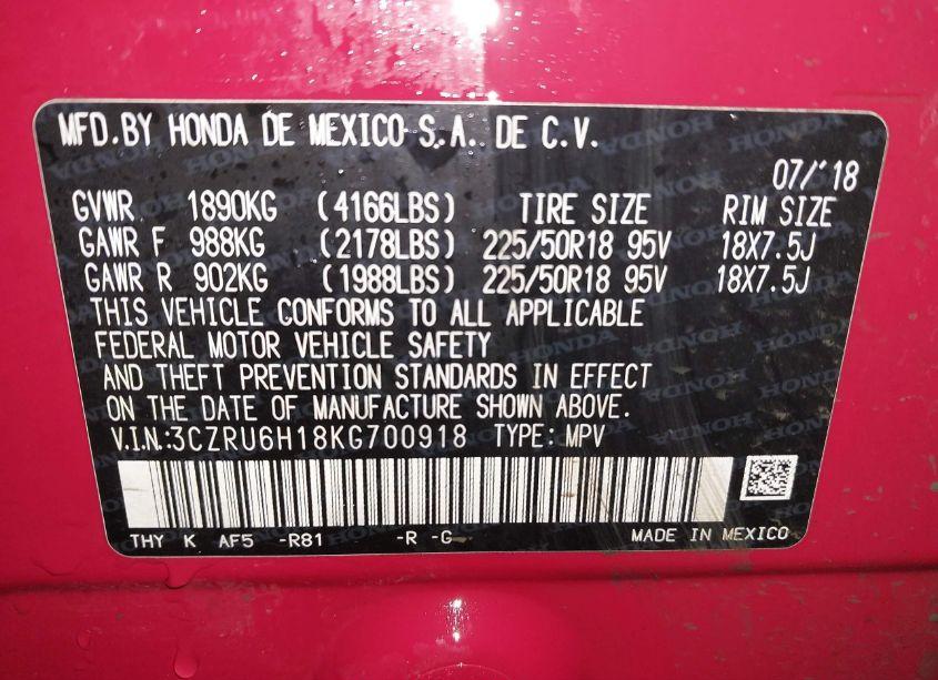 Photo 9 of 2019 Honda Hr-v SPORT (VIN 3CZRU6H18KG700918)