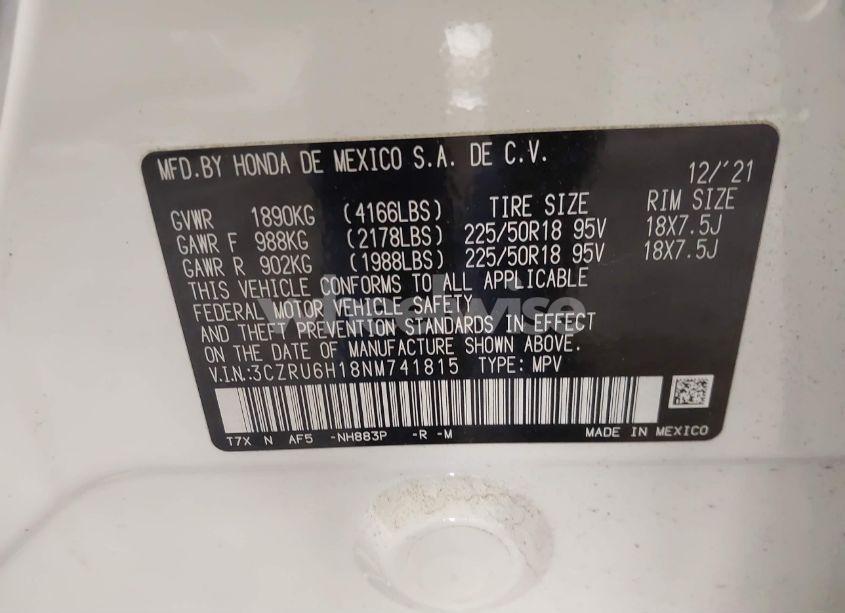 Photo 9 of 2022 Honda Hr-v AWD SPORT (VIN 3CZRU6H18NM741815)