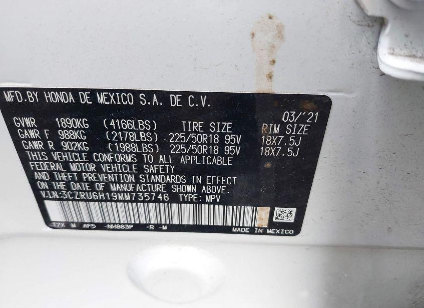 Photo 9 of 2021 Honda Hr-v AWD SPORT (VIN 3CZRU6H19MM735746)