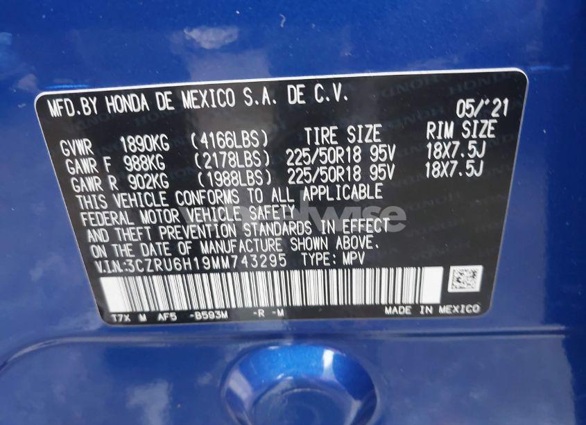 Photo 9 of 2021 Honda Hr-v AWD SPORT (VIN 3CZRU6H19MM743295)