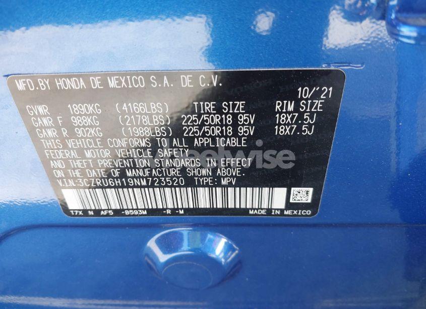 Photo 9 of 2022 Honda Hr-v AWD SPORT (VIN 3CZRU6H19NM723520)