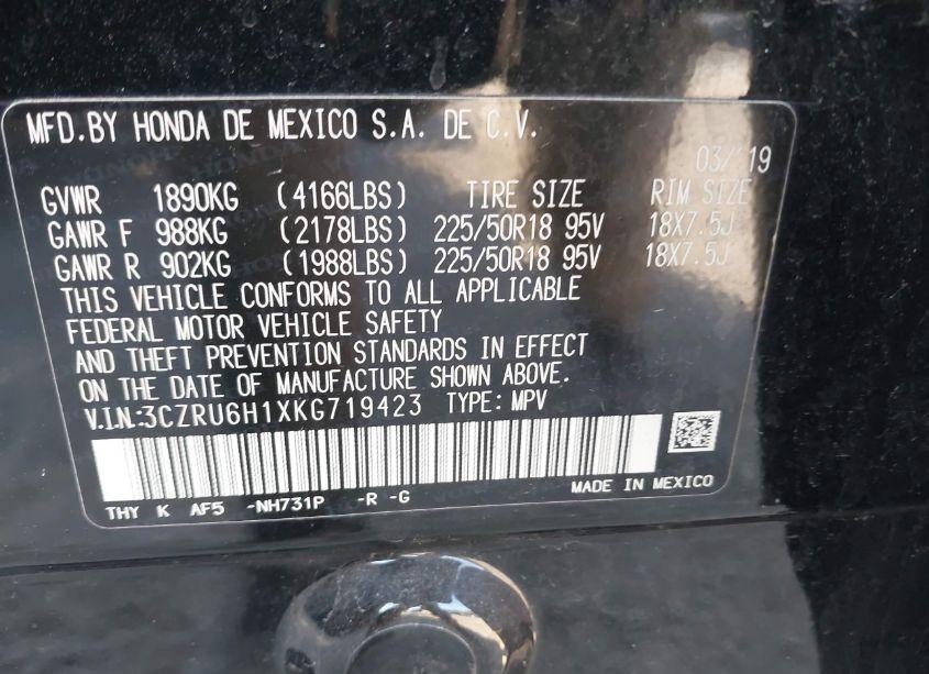 Photo 9 of 2019 Honda Hr-v SPORT (VIN 3CZRU6H1XKG719423)