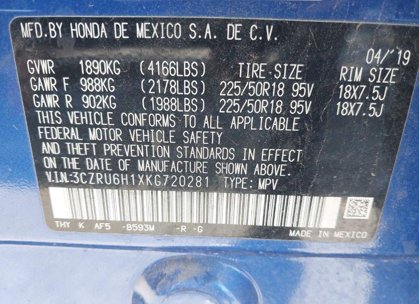 Photo 9 of 2019 Honda Hr-v SPORT (VIN 3CZRU6H1XKG720281)