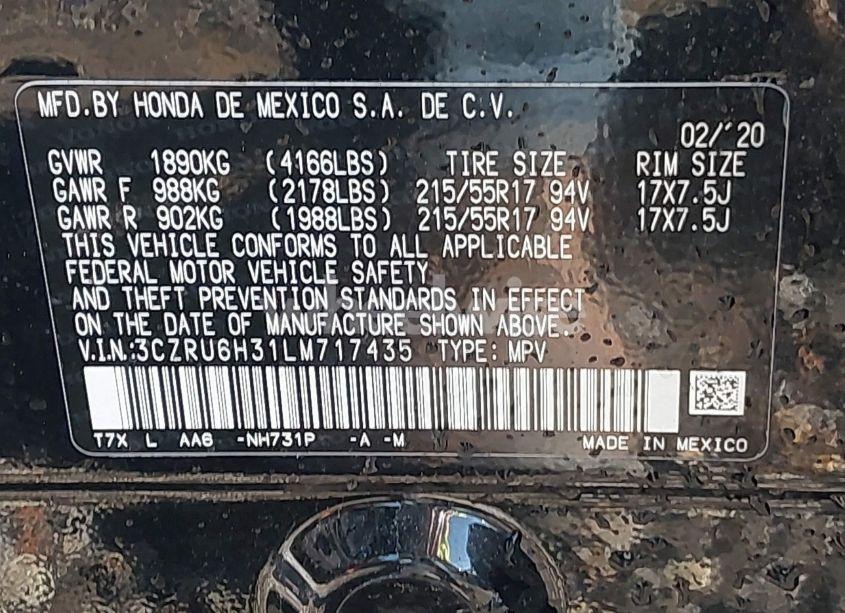 Photo 9 of 2020 Honda Hr-v AWD LX (VIN 3CZRU6H31LM717435)