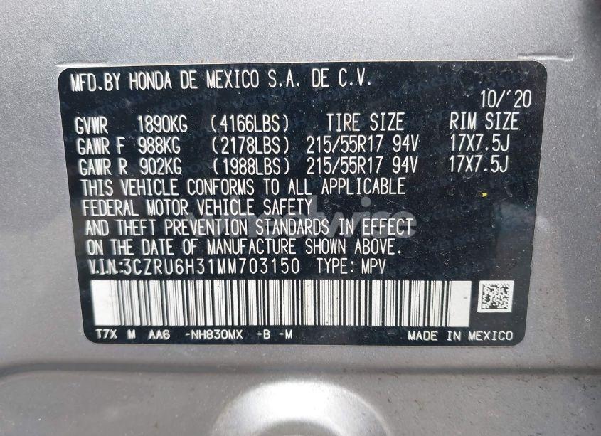 Photo 9 of 2021 Honda Hr-v AWD LX (VIN 3CZRU6H31MM703150)