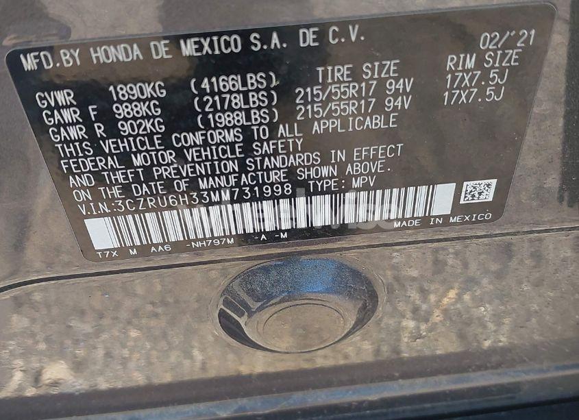 Photo 9 of 2021 Honda Hr-v AWD LX (VIN 3CZRU6H33MM731998)